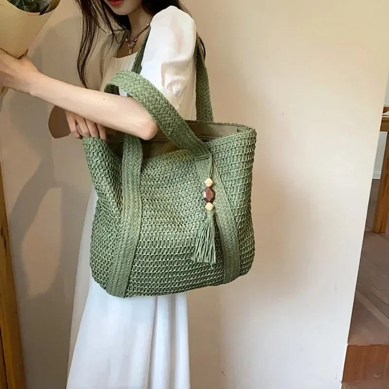 sac à main élégant en paille tressée pour femme, sac fourre-tout rétro à poignée supérieure, sac à bandoulière décontracté pour la plage, les vacances et les trajets quotidiens