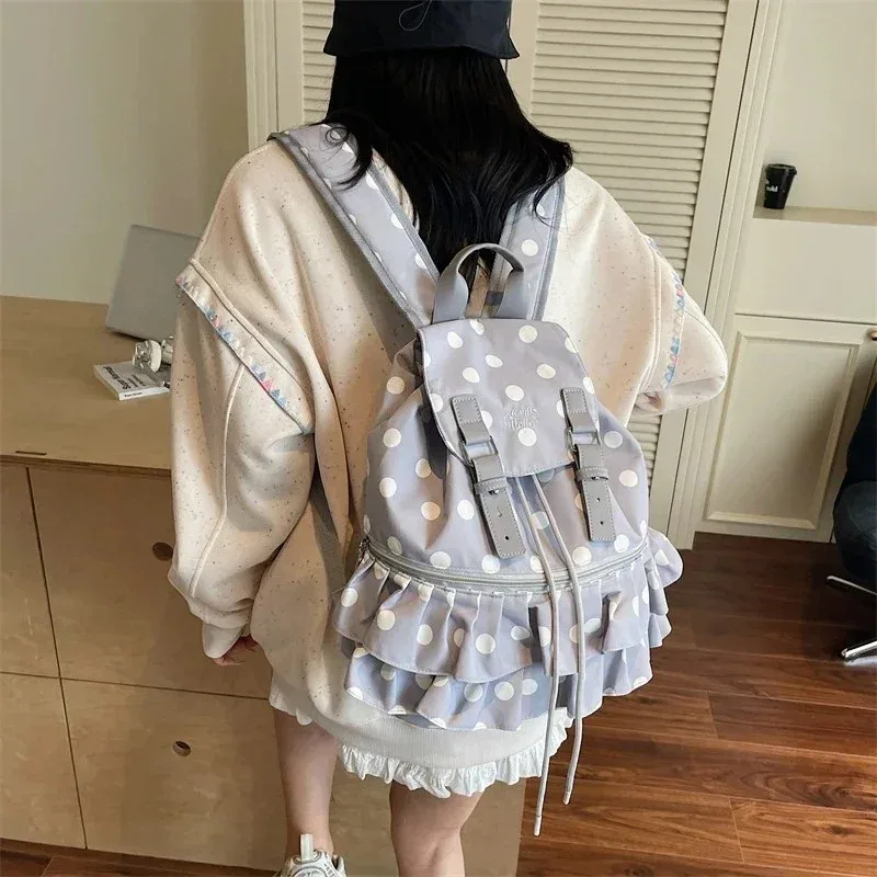 nouveau sac à dos femme en toile à volants et imprimé pois, grande capacité, idéal pour les vacances et les voyages