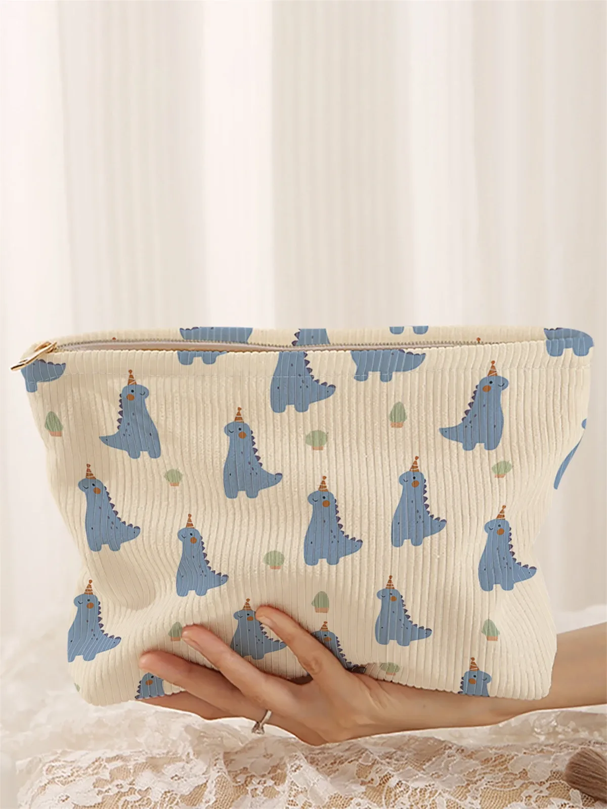 1 trousse de maquillage en velours côtelé à motifs de dinosaure de dessin animé, boîte de rangement de maquillage légère à fermeture éclair, sac multifonctionnel avec doublure