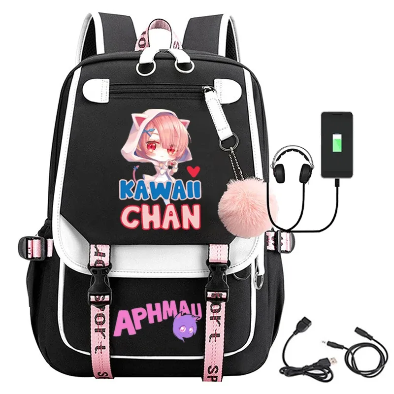 sac dos toile noire broderie fille chat bleu texte aphmau rose bandes latérales cuir sport poche rabat décontracté