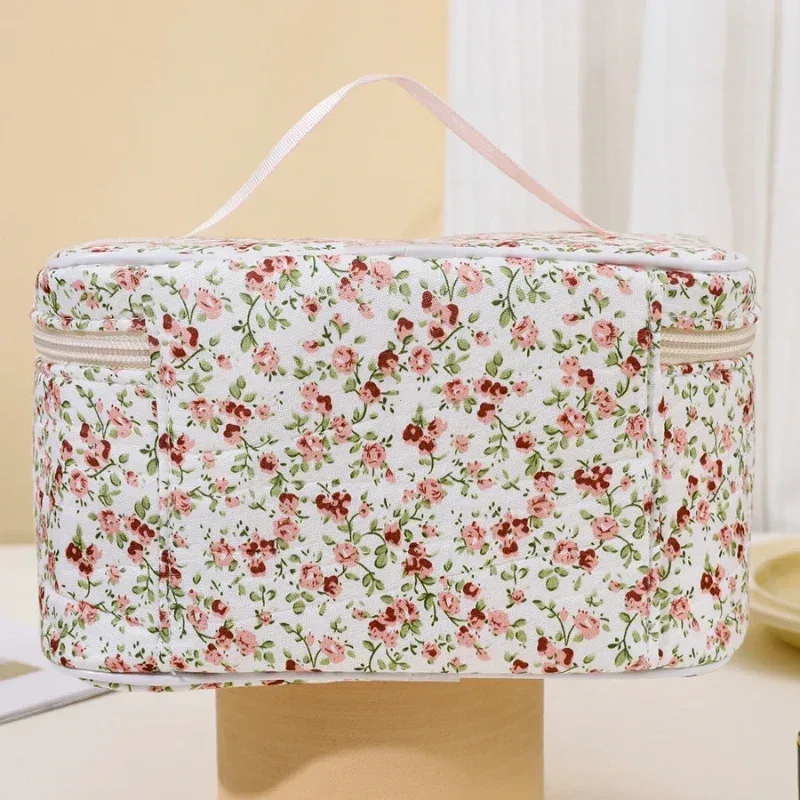 sacs de maquillage en coton pour femmes, trousse à cosmétiques vintage, fourre-tout de grande capacité, sac à main de rangement de cosmétiques portable, sac de rangement de voyage