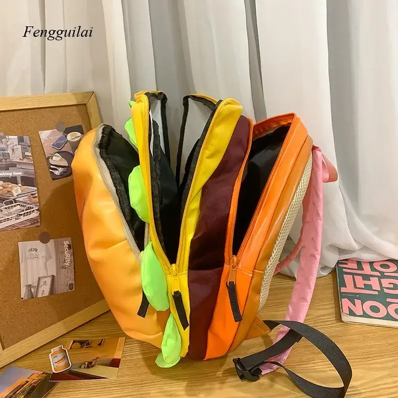 sac à dos tendance en forme de burger - sac à dos amusant en cuir pu pour adolescents et style décontracté urbain