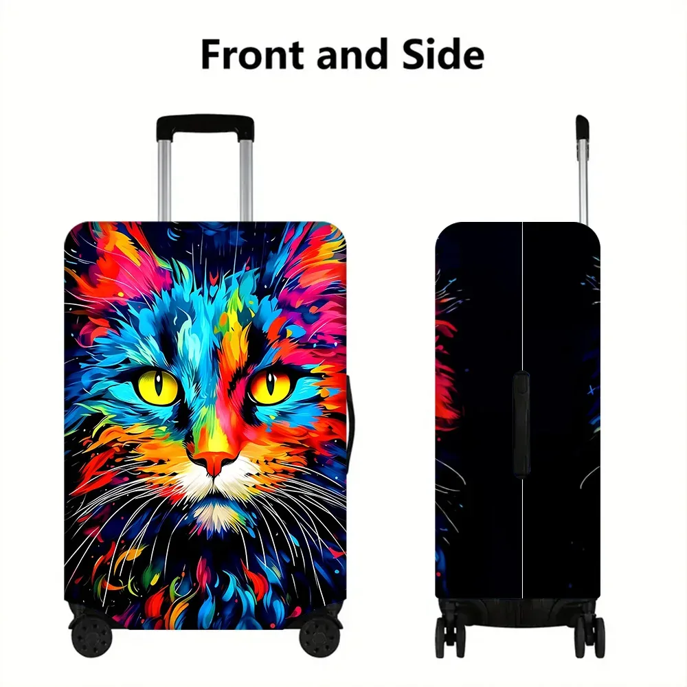 housse valise polyester motif chat yeux jaunes couleurs vivantes poignées rouges noires protection voyage