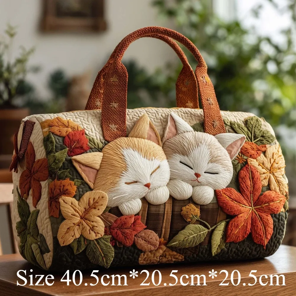 sac fourre-tout matelassé 3d mignon avec motif chat, citrouille d'halloween, feuilles d'automne et fleurs, sac à main de voyage unique, cadeau pour les amoureux des chats, sac à bandoulière