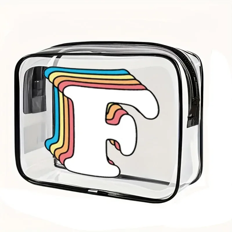 organisateur voyage cosmétiques pvc translucide poignée noire motif arcs-en-ciel lettre grande capacité format tonneau sac compression
