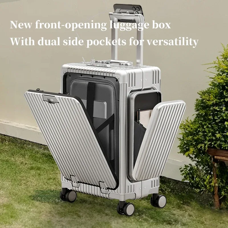 valise multifonctionnelle à ouverture frontale à trois ouvertures, nouveau style, matériau pc de 20 pouces avec poches doubles latérales, tra de grande capacité