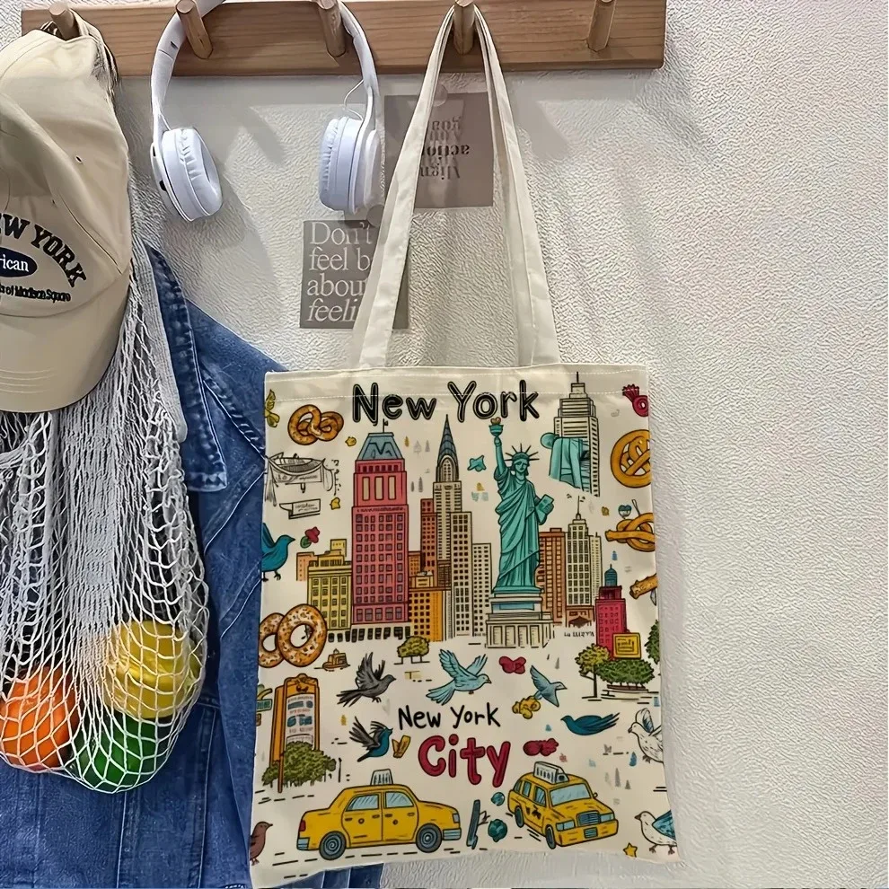sac fourre-tout en toile de la ville de new york, imprimé avec l'icône de la ville de new york, sac de courses réutilisable pour les voyages, souvenirs et cadeaux