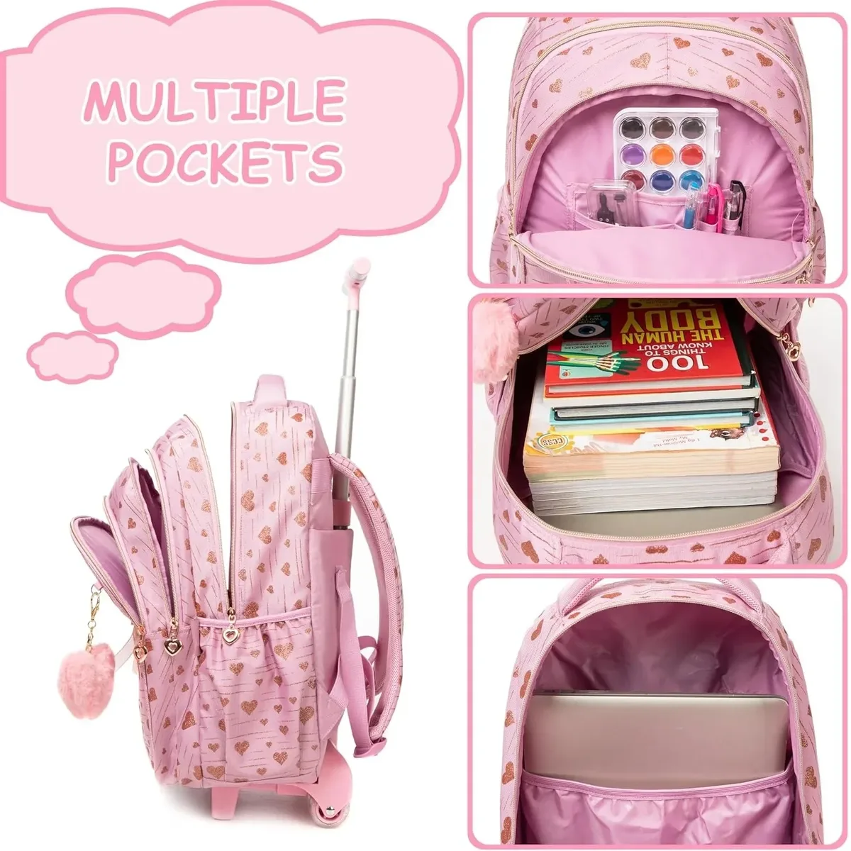 sac à dos à roulettes avec ruban nœud papillon pour enfants, sacs à dos mignons pour filles, sac à roulettes pour élèves du primaire