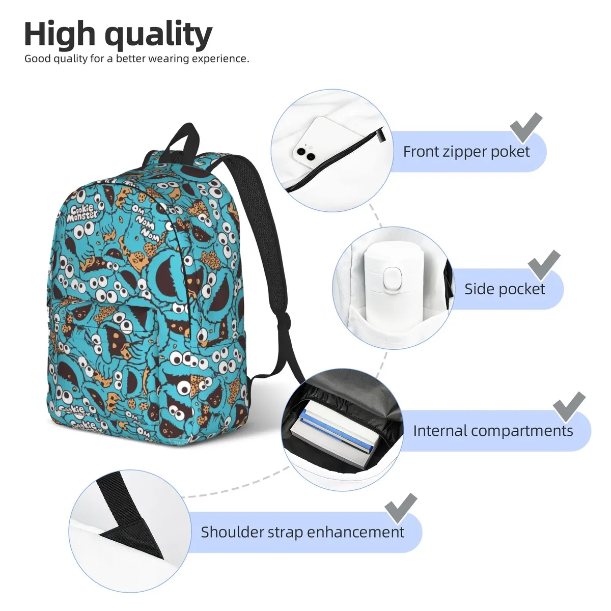 sac à dos tendance léger pour lycée, randonnée, voyage, avec motif cookies anime monsters sesames streets, sac à dos de jour pour ordinateur portable