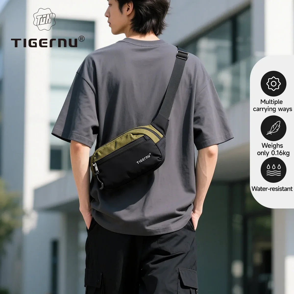 Tigernu Nouveau Sac Bandoulière Léger pour Hommes, Sac de Poitrine Étanche, Sac de Ceinture Multi-usages pour Homme