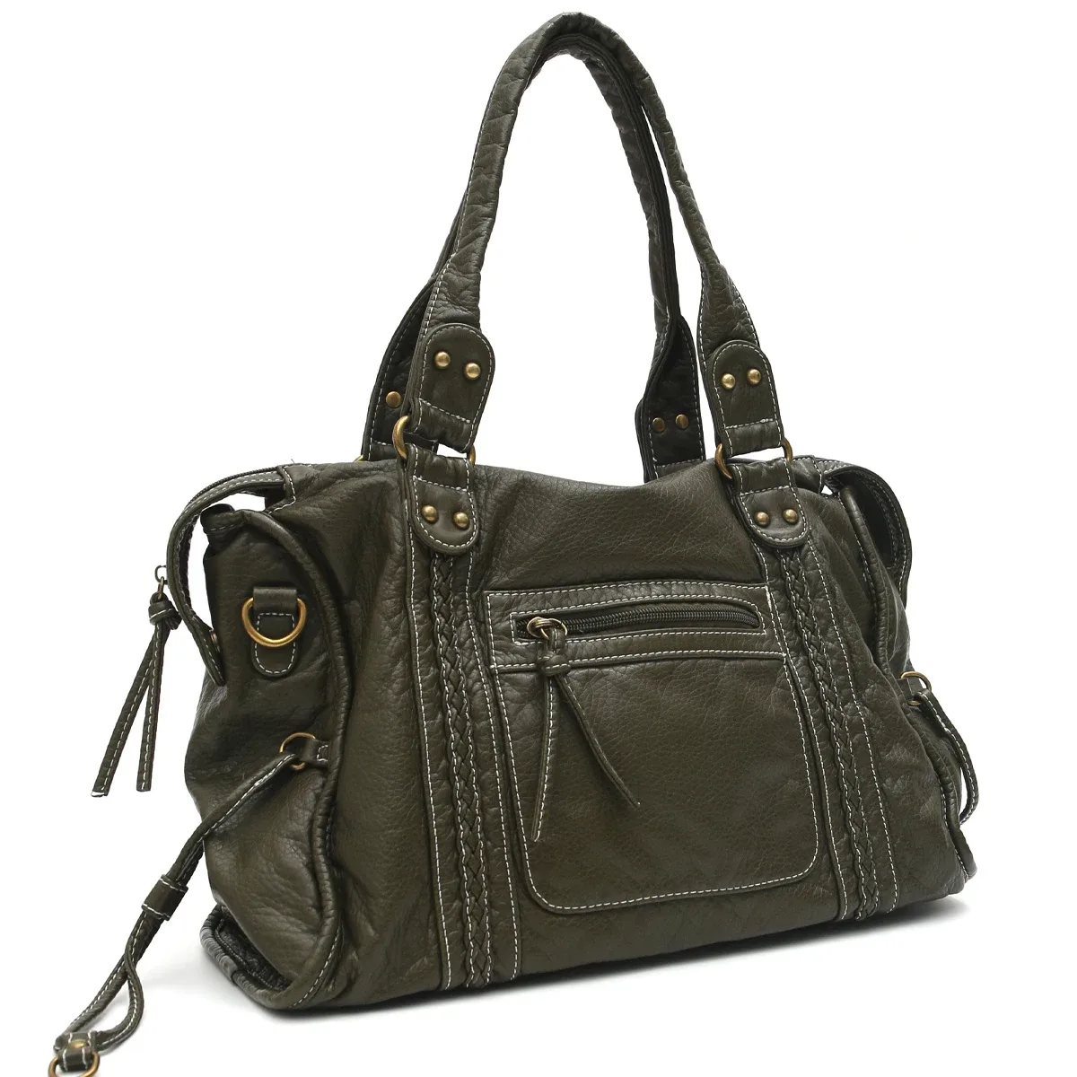 vintage lavé en cuir pu grande capacité fourre-tout poches zippées tresse décor épaule sac à bandoulière unisexe femmes voyage quotidien sac à main