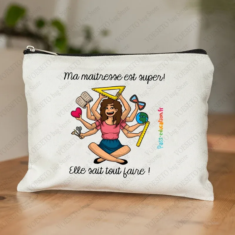 trousse de maquillage pour femmes avec appréciation des enseignants français, trousse à cosmétiques au design artistique, trousse à crayons pour femmes