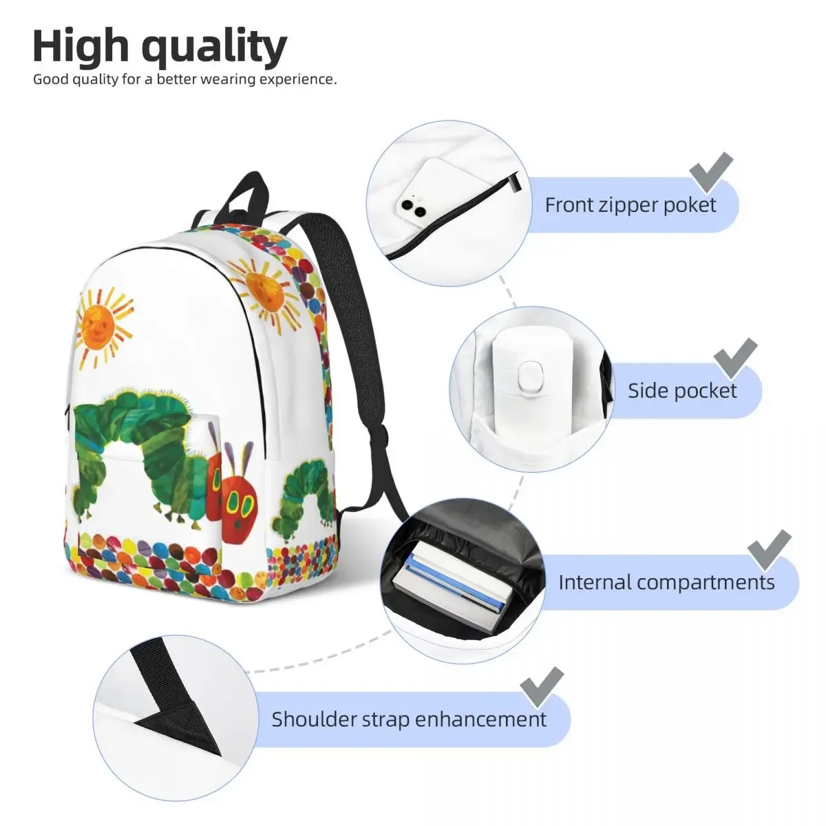 les chenilles très frappées soleil mode sac à dos en plein air étudiant travail dessin animé livre sac à dos pour hommes femmes collège sac à bandoulière
