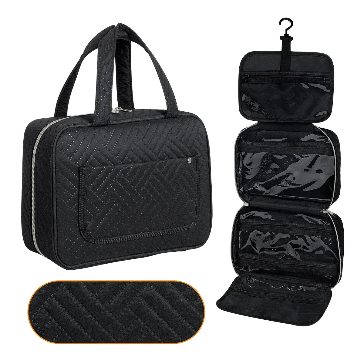 uozl organisateur de toilette suspendu de grande capacité-étui de maquillage en polyester noir imperméable avec fermeture éclair dorée, multi-compartiments de