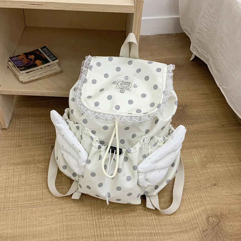 sac à dos mignon à pois avec ailes d'ange, sac à dos à cordon en dentelle, sac d'école kawaii, sac à dos de voyage décontracté, sac à bandoulière tendance