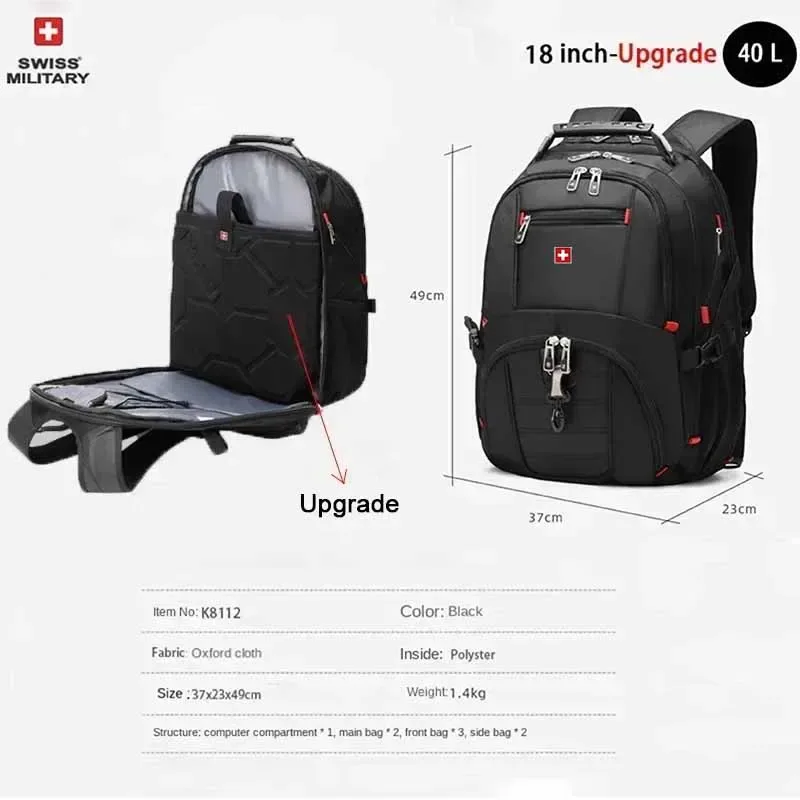 sac à dos pour ordinateur portable swiss 17' imperméable avec port de charge usb, sac à dos multifonctionnel de style suisse, cartable, sac de randonnée, sac de voyage