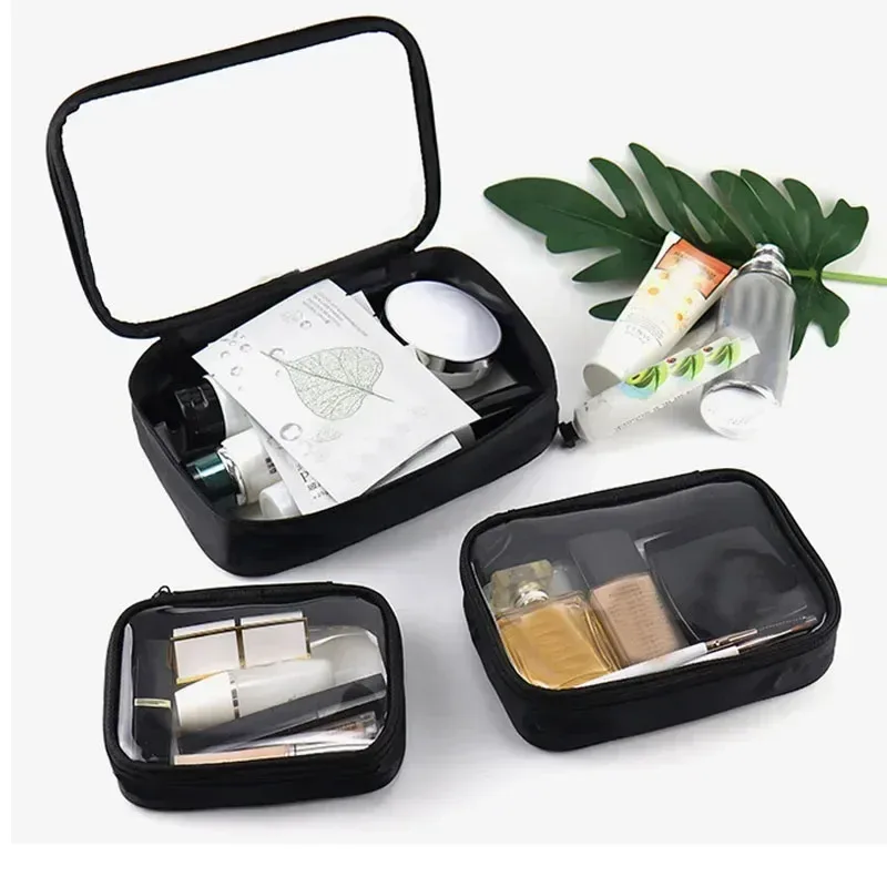 sac à cosmétiques de voyage transparent noir, trousse de toilette imperméable en tpu, nouveau sac de rangement de maquillage, sac à cosmétiques à fermeture éclair transparente