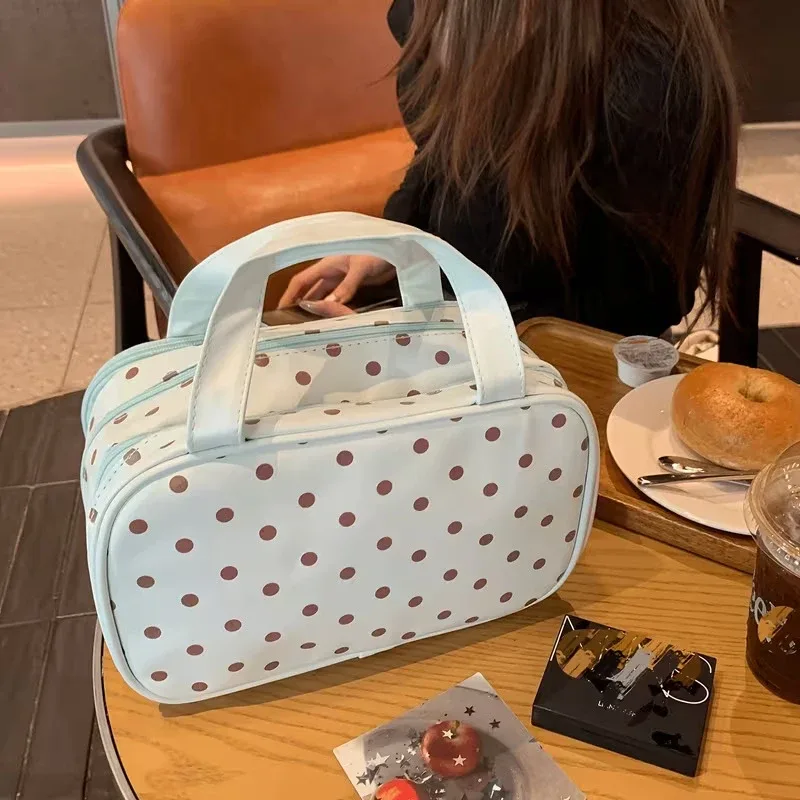 sac de maquillage portable pour femme avec pois menthe, compartiment à trois couches, sac de rangement cosmétique portable de grande capacité pour les voyages