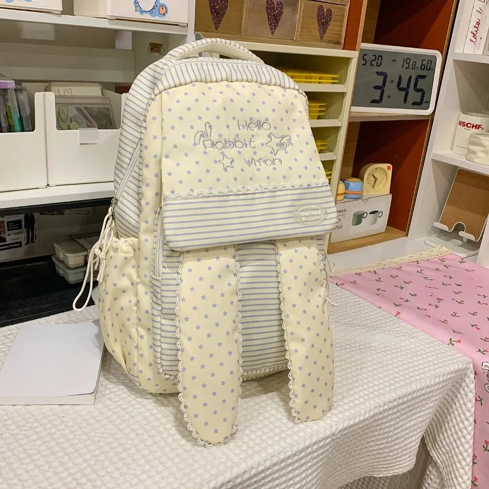 sac à dos tendance pour femme à motif pois avec oreilles de lapin, grande capacité, idéal pour les étudiants et les trajets quotidiens