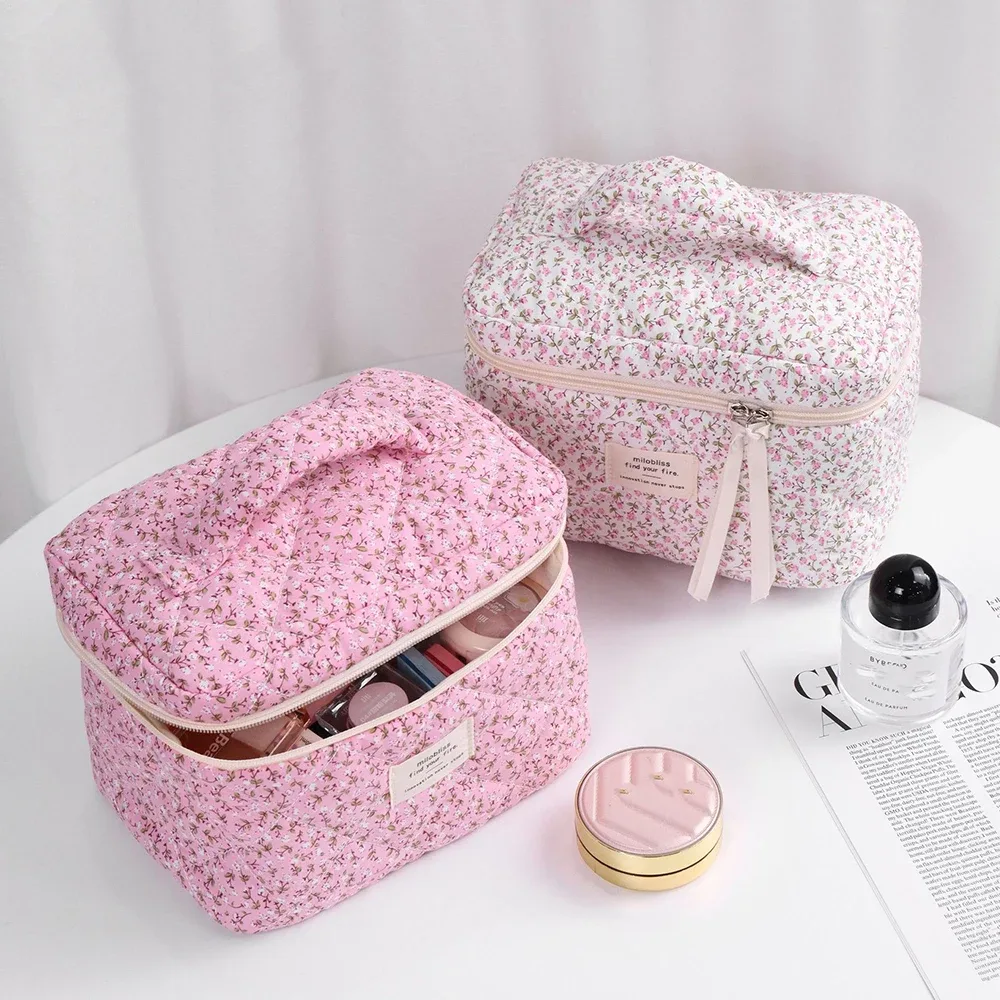 sac de rangement de cosmétiques matelassé imprimé floral pour femmes, organisateur de voyage, pochette de maquillage, fourre-tout carré pour dames, sac à main à fermeture éclair