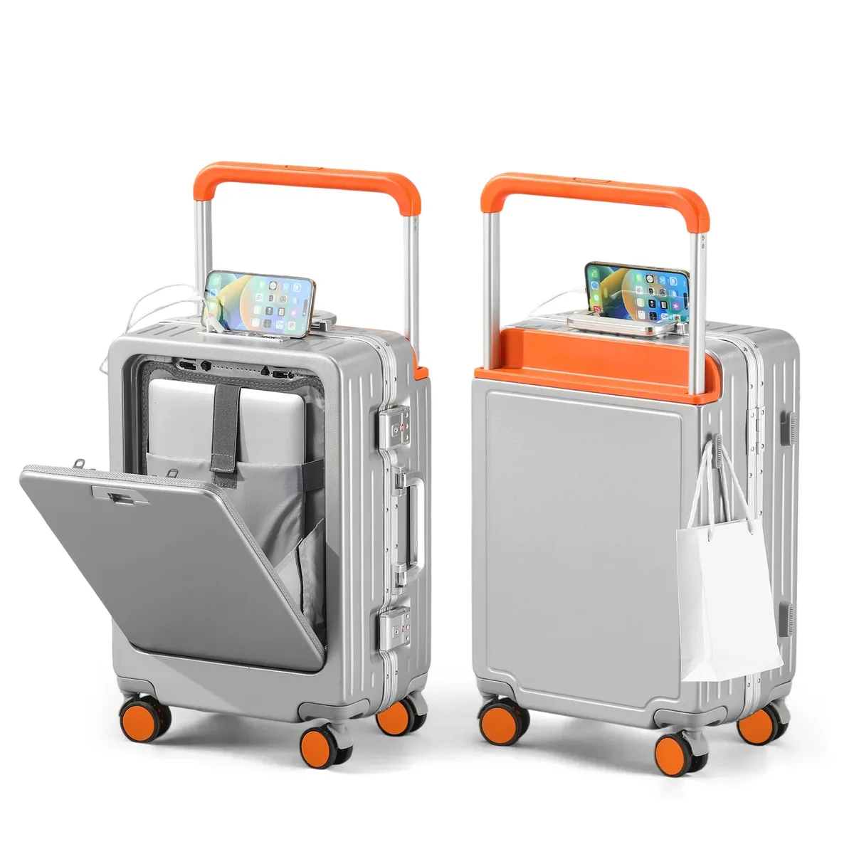 Valise Cabine à Ouverture Frontale avec Roues Pivotantes, Port de Charge, Cadre en Aluminium et Poignée à Code, Idéale pour l'Embarquement en Avion