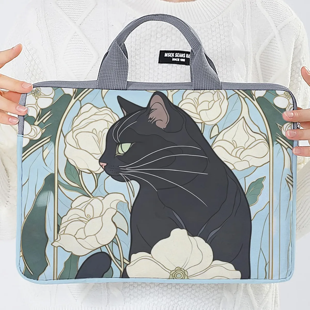 housse ordinateur portable impression chat noir fleurs polyester protection voyage travailler transport document travail