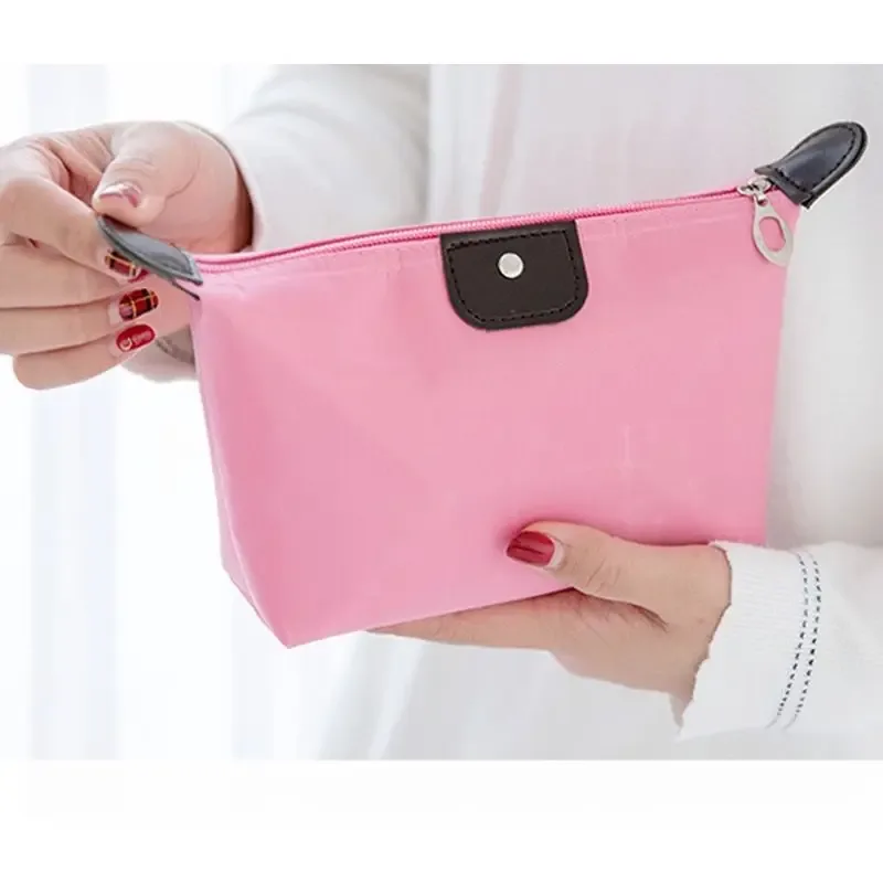 trousse de maquillage pliante couleur bonbon, organisateur cosmétique portable de voyage avec sangle de transport