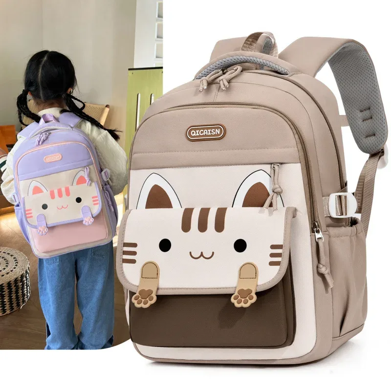 sac d'école à grande capacité avec imprimé chat kawaii, nylon, unisexe, style minimaliste urbain, sac à dos pour étudiants, sac à dos pour ordinateur portable de 14 pouces