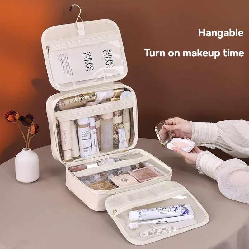 nouveau sac à cosmétiques suspendu en cuir pu pour femmes, rangement portable, organisateur de maquillage, sacs de rangement de toilette de voyage de grande capacité