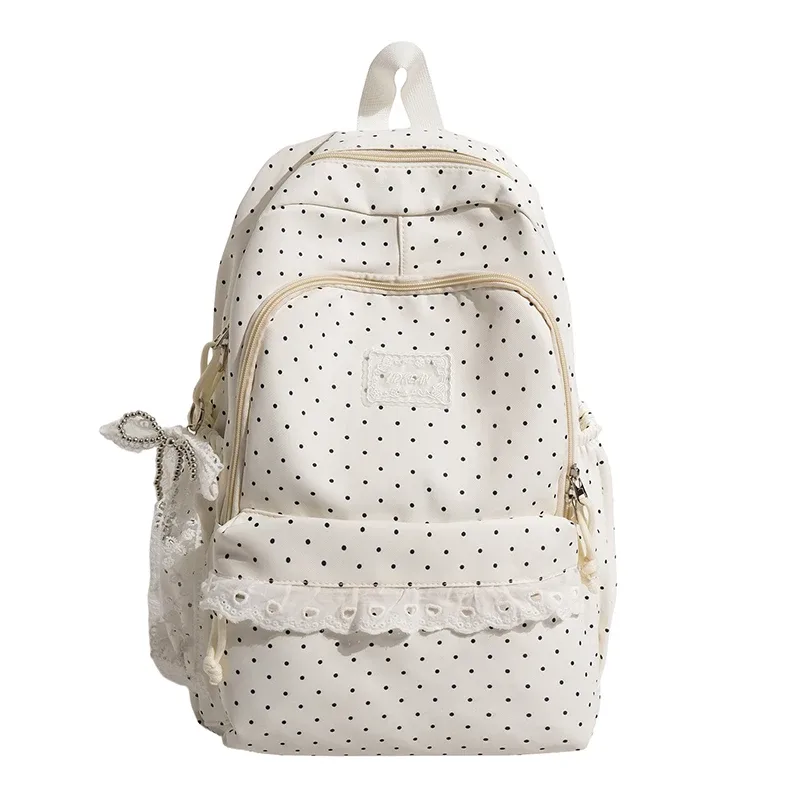 sac à dos scolaire en nylon de grande capacité, style coréen, orné de dentelle à pois et d'un joli nœud décoratif, idéal pour les filles, pour les voyages quotidiens.