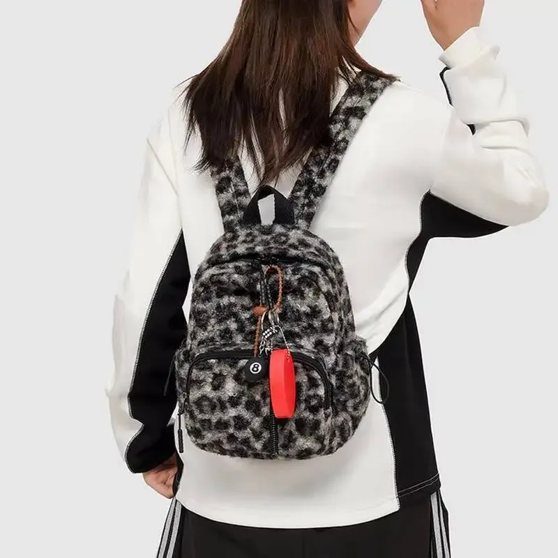 sac à dos en peluche, accessoires mignons, imprimé léopard, sacs à livres décontractés avec pendentif, petits sacs de jour de voyage, sac à bandoulière élégant multiple
