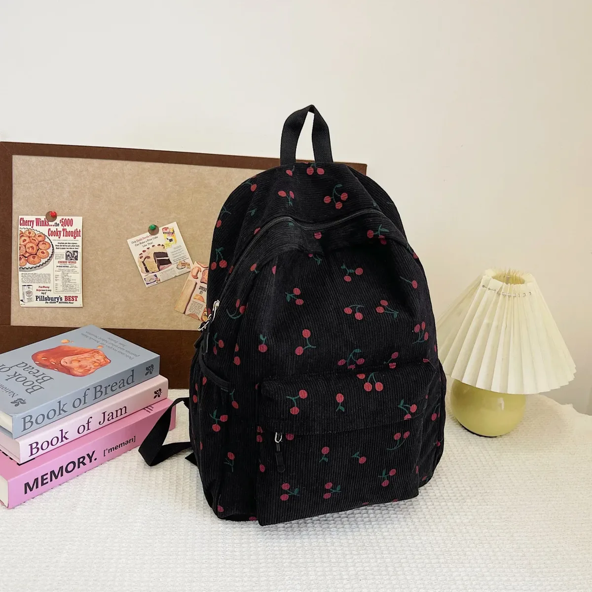 sac à dos personnalisé en velours côtelé cerise, sac de voyage universitaire brodé personnalisé, sac pour enfants avec toute lettre, cadeau de noël unique