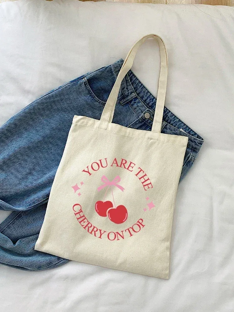 sac à bandoulière en toile cerise, 1 pièce, pliable et réutilisable, sac à main d'épicerie en tissu, unisexe pour dames, voyage pour femmes