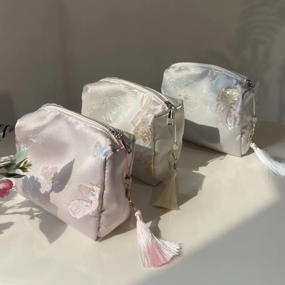 pochette cosmétique portable en polyester avec fermeture éclair, broderie florale, style chinois, organiseur de maquillage, pour voyage