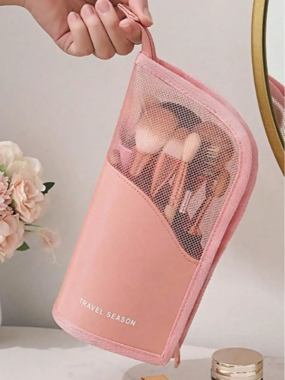 sac de rangement rose pour pinceaux de maquillage, sac de rangement pour artistes, tasse à maquillage pliable essentielle, adapté à la maison et aux voyages