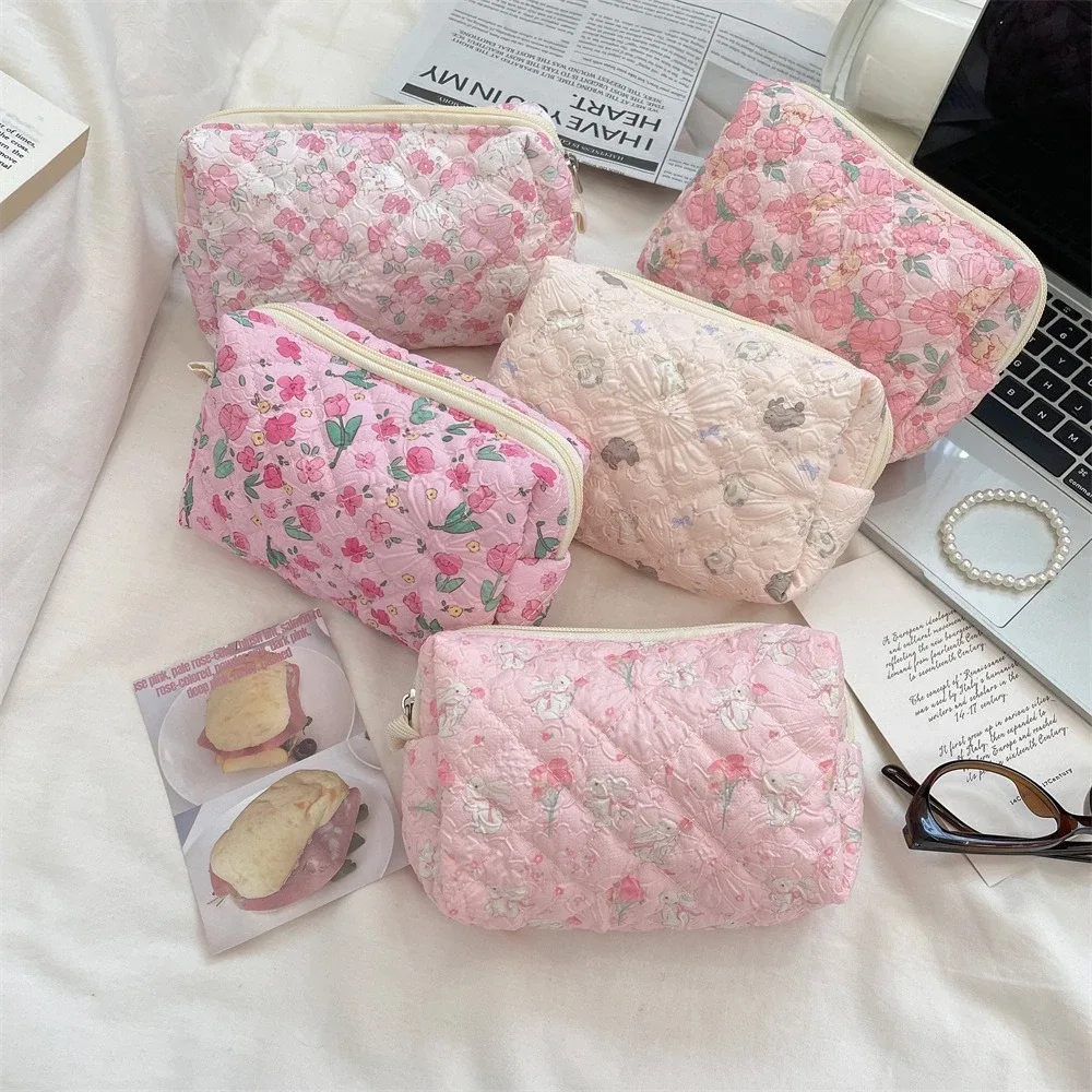 sac de maquillage à fleurs roses pour femmes, mignon, organisateur de voyage, pièces de monnaie cosmétiques, pochette pour filles, sacs à cosmétiques carrés à fermeture éclair de dessin animé mignon