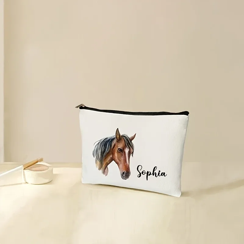 trousse de maquillage personnalisable à motif cheval, pochette cosmétique légère avec fermeture éclair, option de nom personnalisé