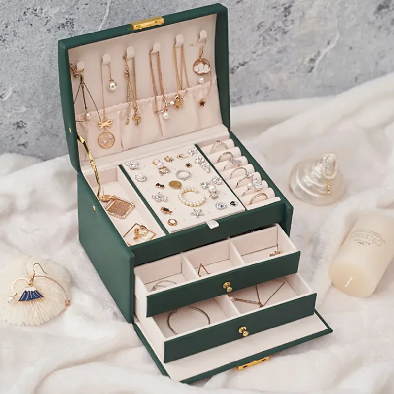 organisateur voyage bijoux pu rose vert marine compartiment tiroirs poignées elégantes stockage cosmétiques femmes travail vacances