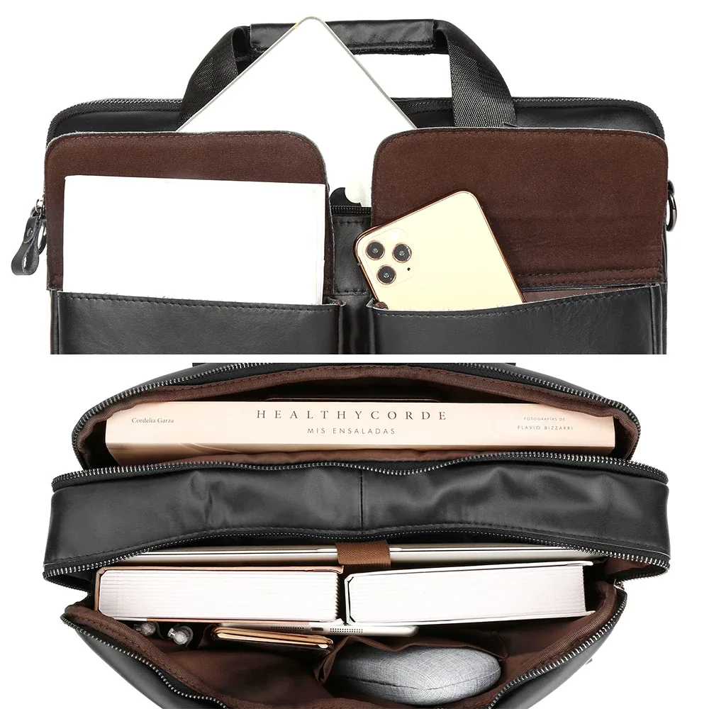 sacoche porte-documents cuir vache polyester noir poignée souple fermeture éclair design décontracté voyage business documents transport