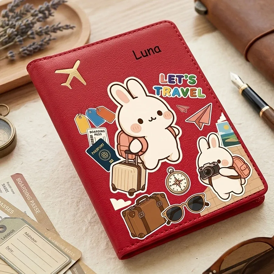 housse de passeport à motif de lapin de dessin animé mignon, personnalisable avec nom et texte, rangement pour livre de passeport, accessoire de voyage, sac de passeport