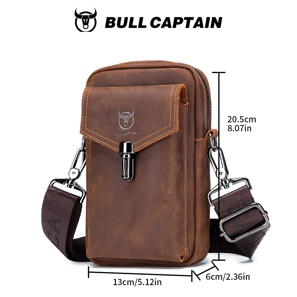 bullcaptain sac de ceinture pour homme en cuir crazy horse, sacoche de téléphone à porter à la taille, sac à bandoulière en cuir de vachette pleine fleur