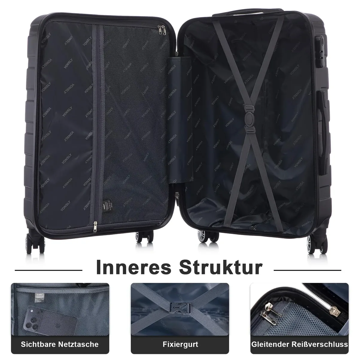 yonsly 20/24/28 pouces 4 roues 360 °   valise rigide noire à serrure à combinaison pour voyage, vacances, déplacement professionnel