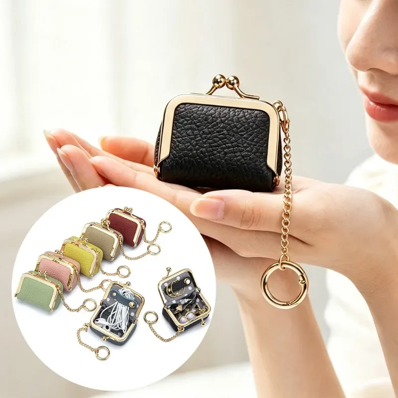 porte-monnaie miniature en cuir véritable avec fermoir à pression et chaîne, petite pochette à fermoir pour femmes, sac de rangement pour bijoux, porte-monnaie compact et solide.