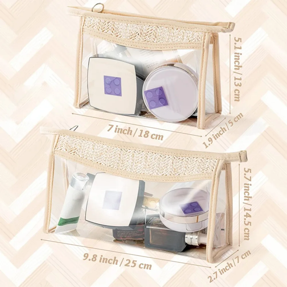 sac de toilette transparent portable, imperméable, élégant, en paille tressée, organiseur de maquillage de voyage, trousse de maquillage pour femmes