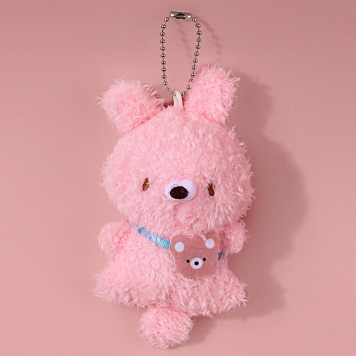 porte-clés en peluche mignon et moelleux, pendentif de dessin animé lapin rose et poussin jaune avec étiquette ours, animal en peluche doux pour sac à dos