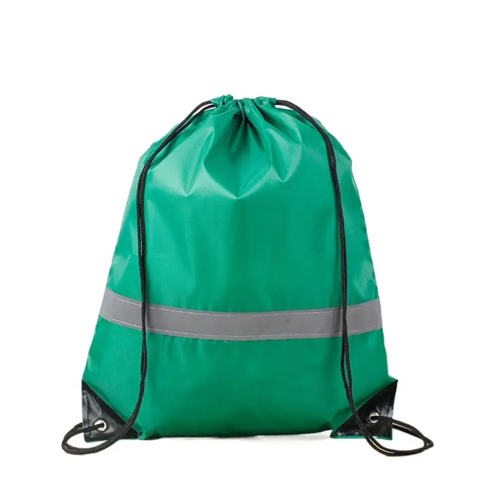 sac à dos de sport à rayures réfléchissantes, cordon de serrage, polyester 210d, couleur unie, sac à bandoulière de sport en nylon, étanche et portable