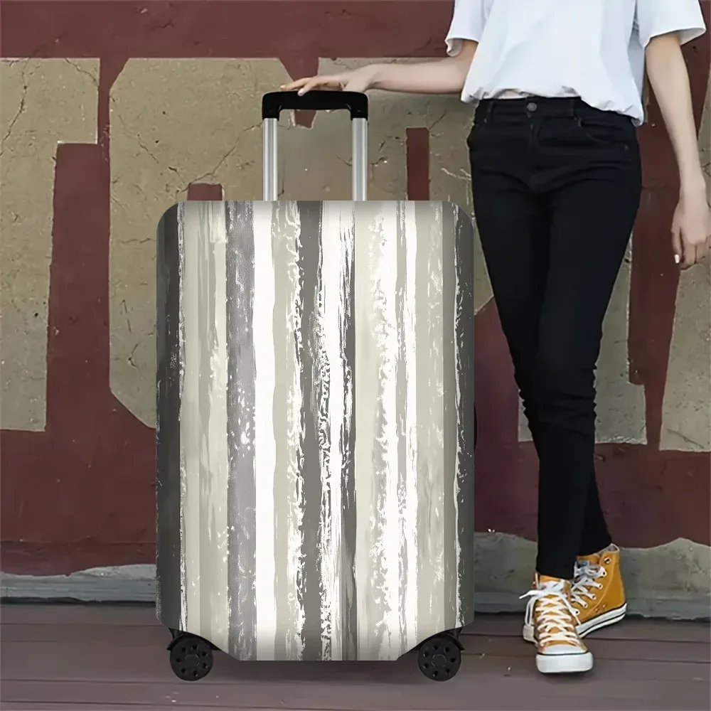 housse valise polyester gris beige vertical rayures abstraites leger rugueux voyage temps compact transport voyageur