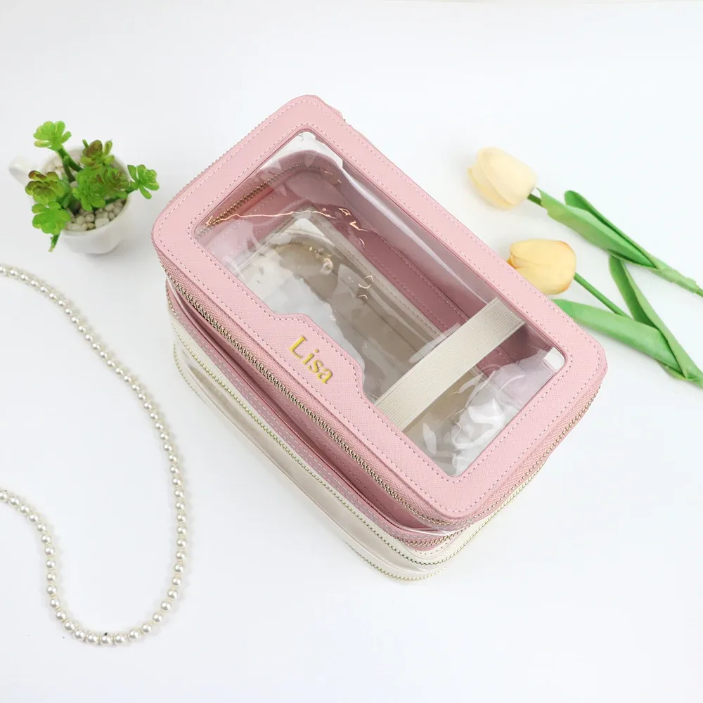 sac de toilette en cuir pu + tpu transparent avec nom personnalisé, trousse de maquillage portable de voyage, sac de rangement étanche de grande capacité