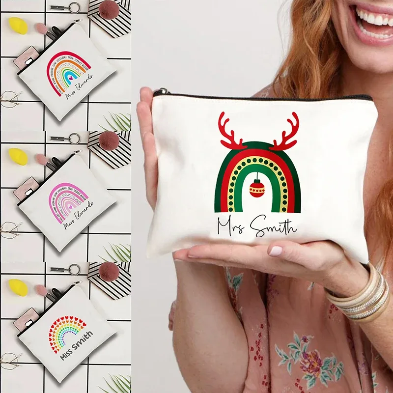 Trousse de maquillage en toile à motif arc-en-ciel, jolie pochette cosmétique avec fermeture éclair, organisateur de toilette portable pour femmes, filles, enseignantes et étudiantes.