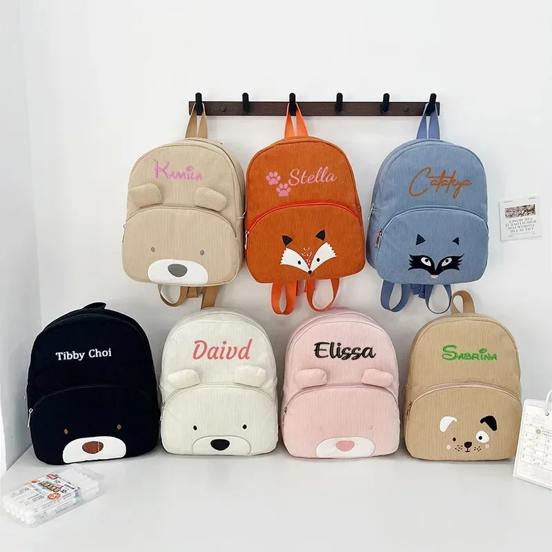sac à dos pour tout-petits avec nom personnalisé, sac en velours côtelé ours de dessin animé de grande capacité, sac à dos en peluche avec nom brodé pour enfants